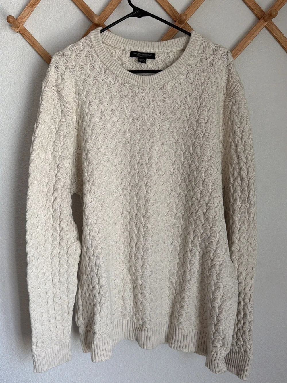 Banana Republic Men’s Cream Supima Cotton Cable Knit Crewneck Sweater - Size XXL